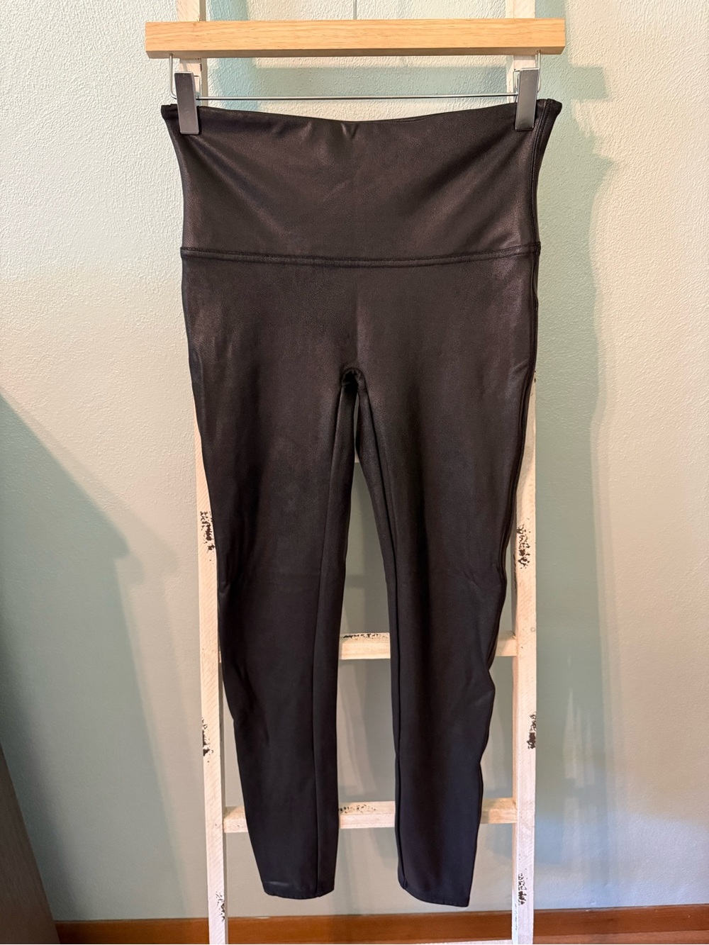 SPANX Faux Leather Shiny High-Rise Black Leggings Size L Women
